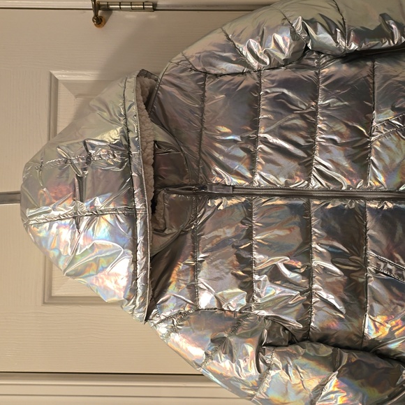 THEREABOUTS GIRLS SILVER "SHIMMER" PUFFER HOODED WINTER COAT SIZE XL 18.5 PLUS - Picture 2 of 16